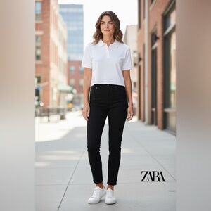 ZARA, White Cropped Polo Top, Size Large